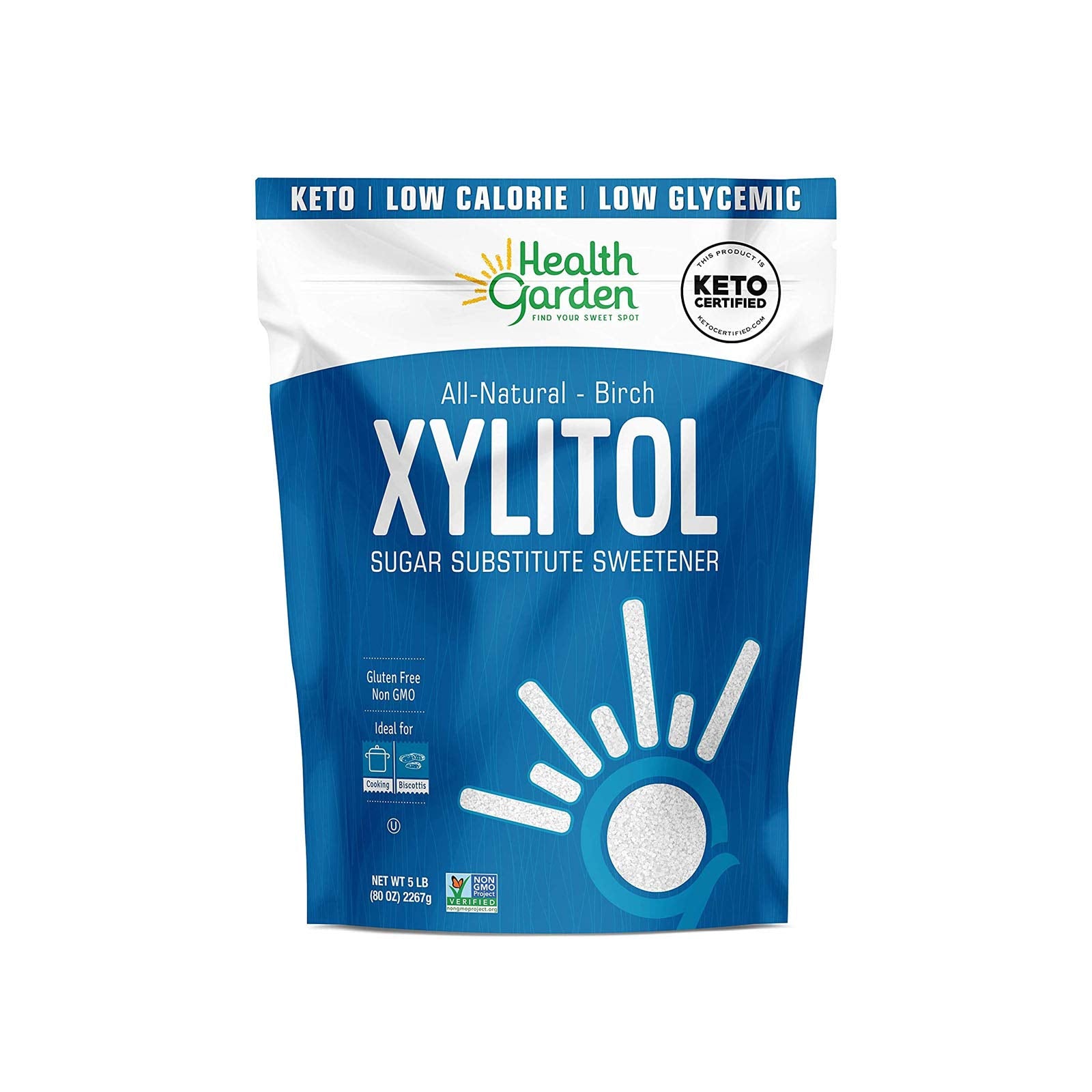 Health Garden Birch Xylitol Sweetener - 5 LBS Resealable Bag - Pure Birch Xylitol - Non GMO  Kosher  and Made in the U.S.A. - Ideal Powdered Sugar Substitute - Non-GMO Sugar Alternative