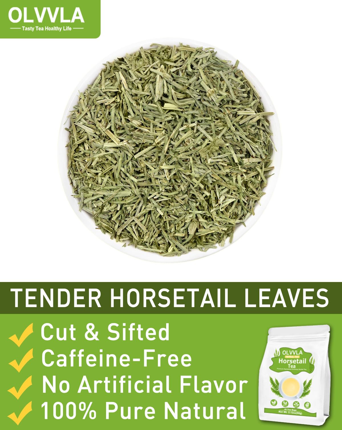 Olvvla Horsetail Tea Bags - Caffeine-Free Herbal Tea - 1.5g X 40 Count - Non-GMO, Rich in Antioxidants