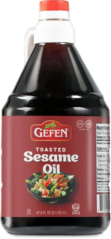 Gefen 100% Pure Toasted Sesame Oil, 2 Liter - 67.6Oz | One Ingredient | Rich Aroma & Taste | Bulk Size | Preservative Free | Easy Pour Handle | Full Bodied | Great In Dressings, Sauces, Marinades,