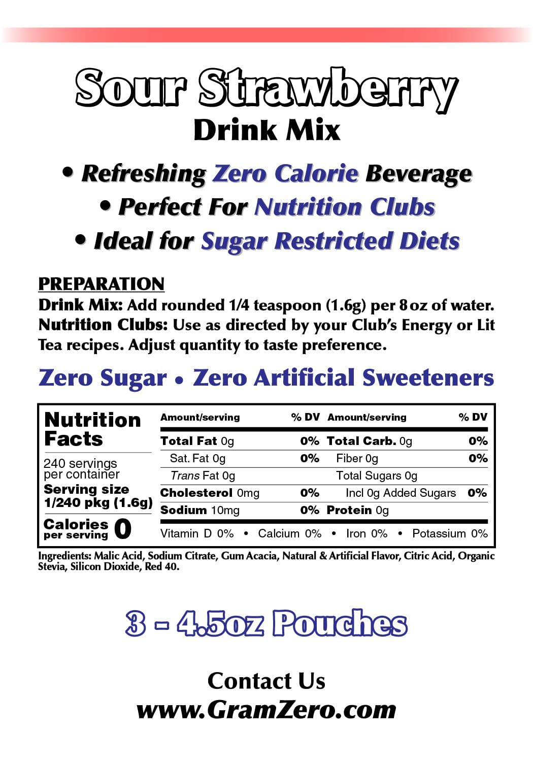 Gramzero Sour Strawberry Zero Calorie Sugar Free Drink Mix, Great For Nutrition Club Loaded Tea, Stevia Sweetened