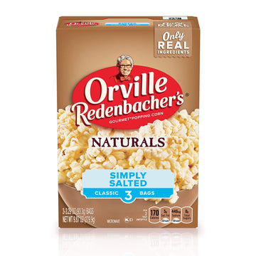 Orville Redenbachers Microwave Popcorn, Naturals Simply Salted Flavor, 3g Fiber Per Serving, Movie Night Supplies, 3.29 oz., 3-C
