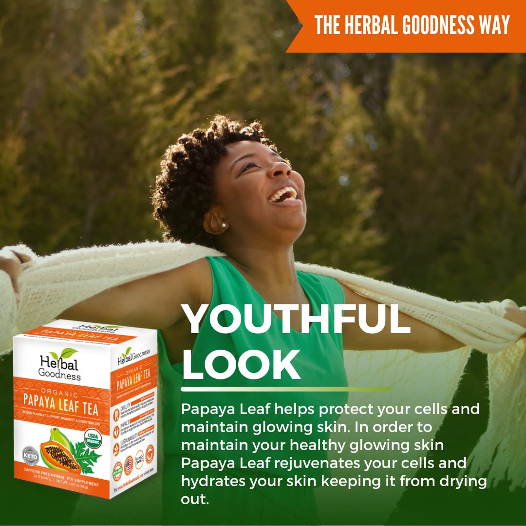 Herbal Goodness Organic Papaya Leaf Extract Tea - Immune & Digestive Health - 24 Teabags - Made in the USA