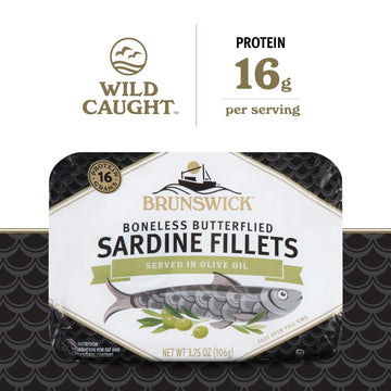 Brunswick Sardines In Olive Oil, 3.75 Oz Can - Boneless Butterflied Sardine Fillets - Wild Caught - 17G Protein Per Serving - Gl