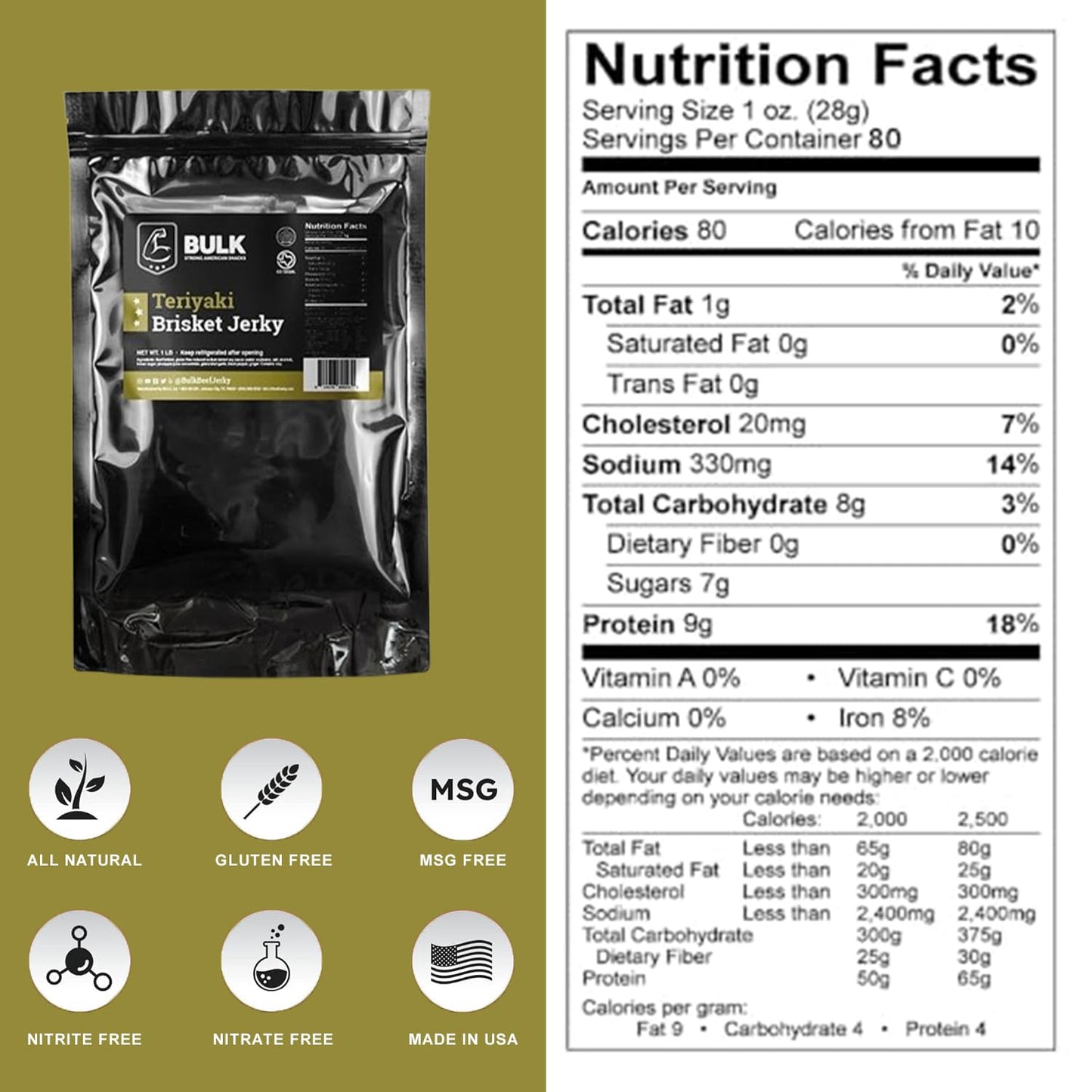Bulk Teriyaki 1 Pound Brisket Beef Jerky - All Natural Gluten Free