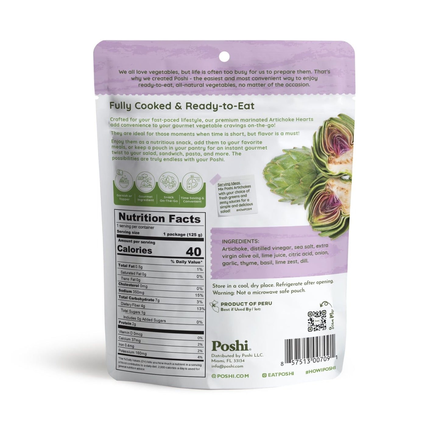 Poshi Marinated Artichoke Hearts With Basil + Thyme Natural, Keto, Vegan, Non Gmo, Low Carb + Calorie, Gluten Free Ready To Eat