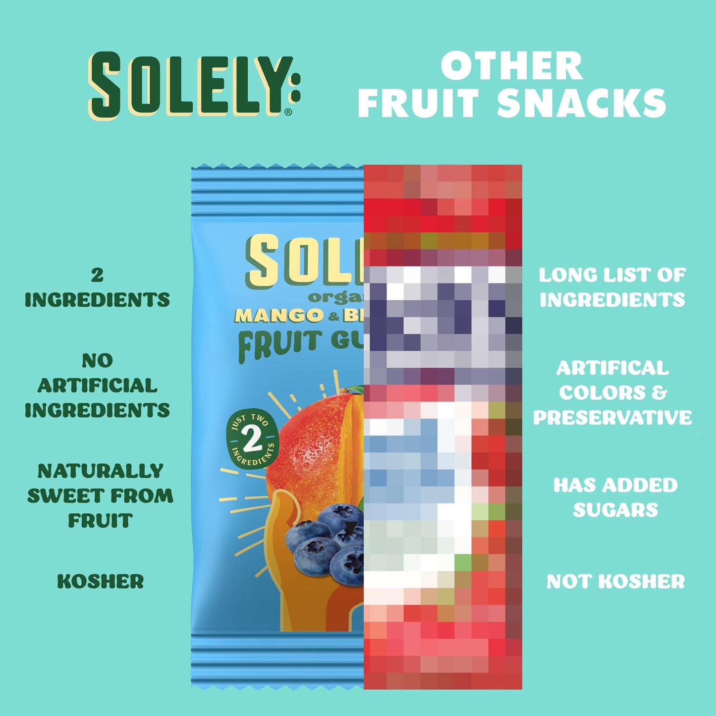 SOLELY - Organic Mango & Blueberry Whole Fruit Gummies (Pack of 6 Boxes, 5 Bags per Box) - Real Fresh Fruit - Healthy Snacks for