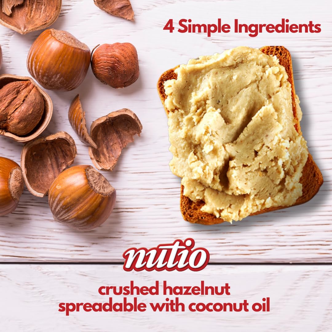 NUTIO Crunchy Hazelnut Butter Spread - 77% Hazelnut, Low Carb, Vegan - 10.5 oz Glass Jar