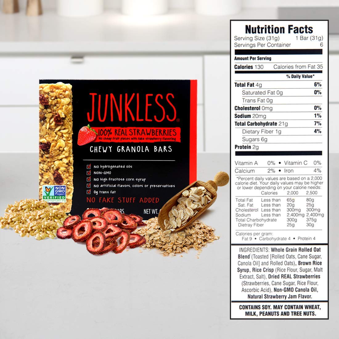 Junkless Strawberry Chewy Granola Bars - 100% Real Strawberries - Less Sugar, Great Tasting, Wholesome Snacks - Bulk Granola Bar