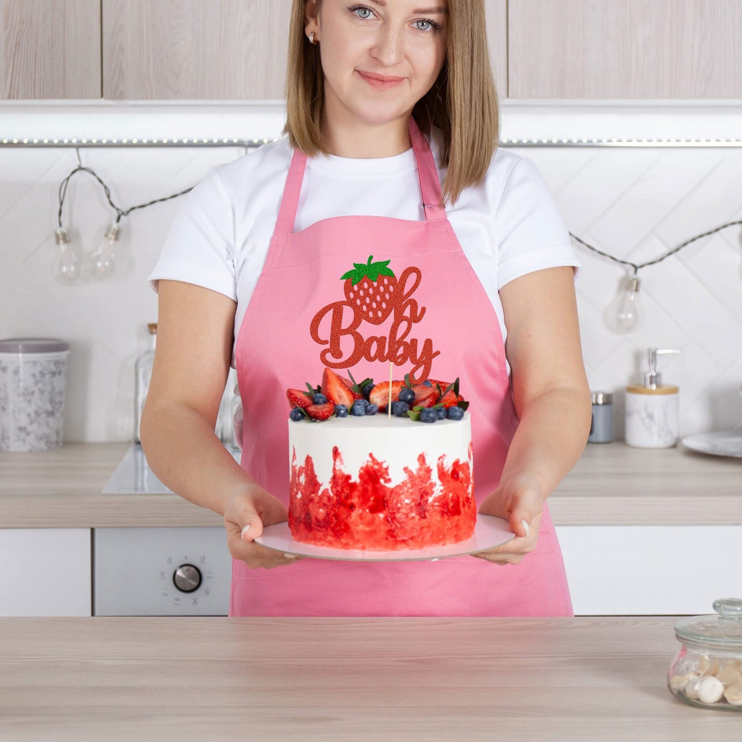 1Pc Strawberry Oh Baby Cake Topper Red Glitter Babyshower Strawberry Cake Pick Decoration For Sweet Fruit Theme Baby Shower Kids