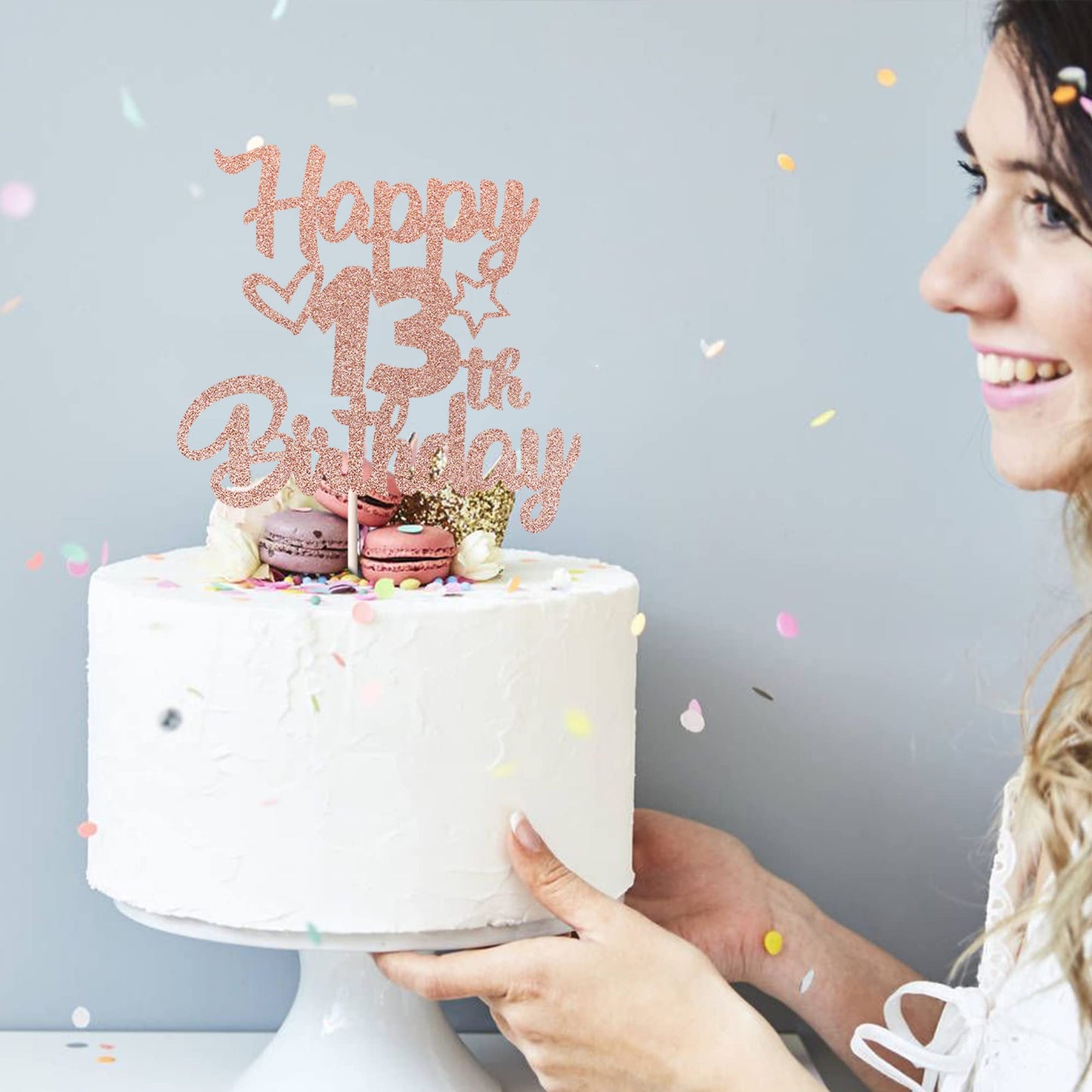 YCTHUNFISH Happy 13th Birthday Cake Topper, Glitter Heart Star Design, Rose Gold, Paper