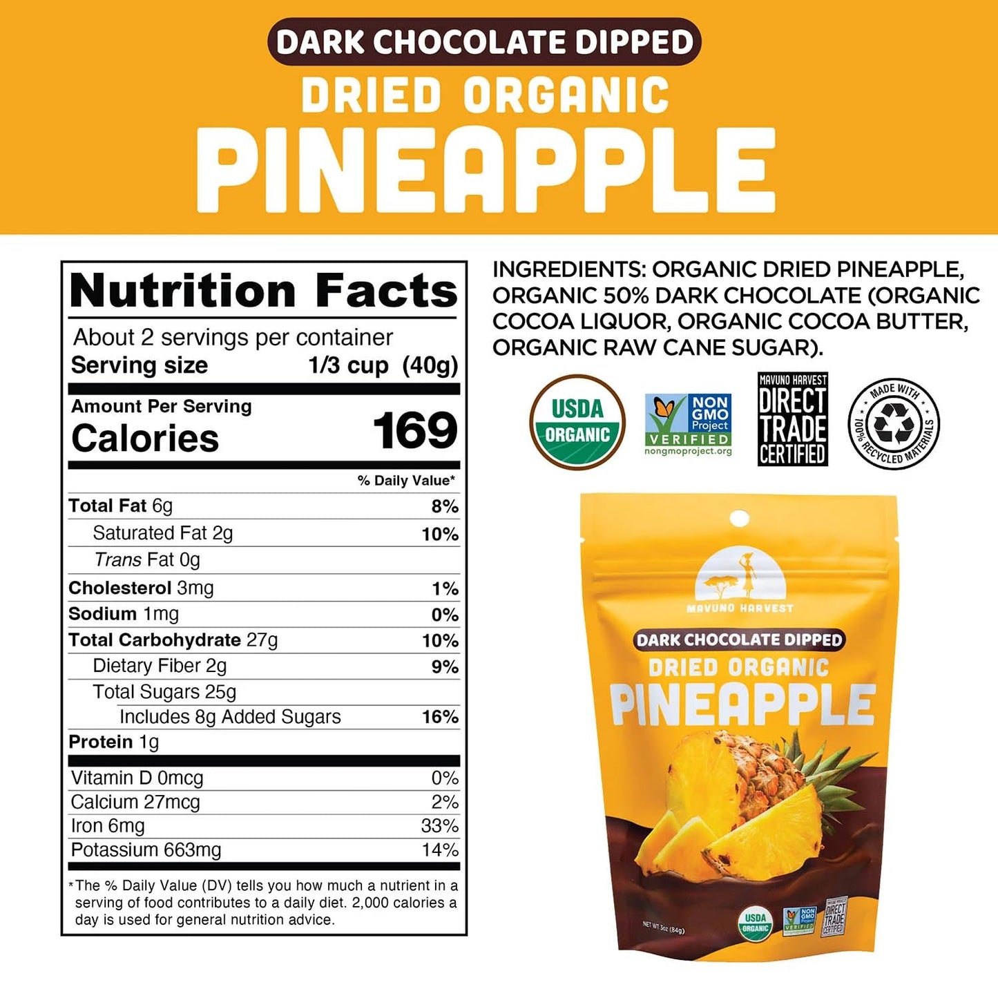 Mavuno Harvest Organic Chocolate Covered Pineapple - Organic Dried Pineapple Dipped in Dark Chocolate - Non GMO, Fair Trade & Ve
