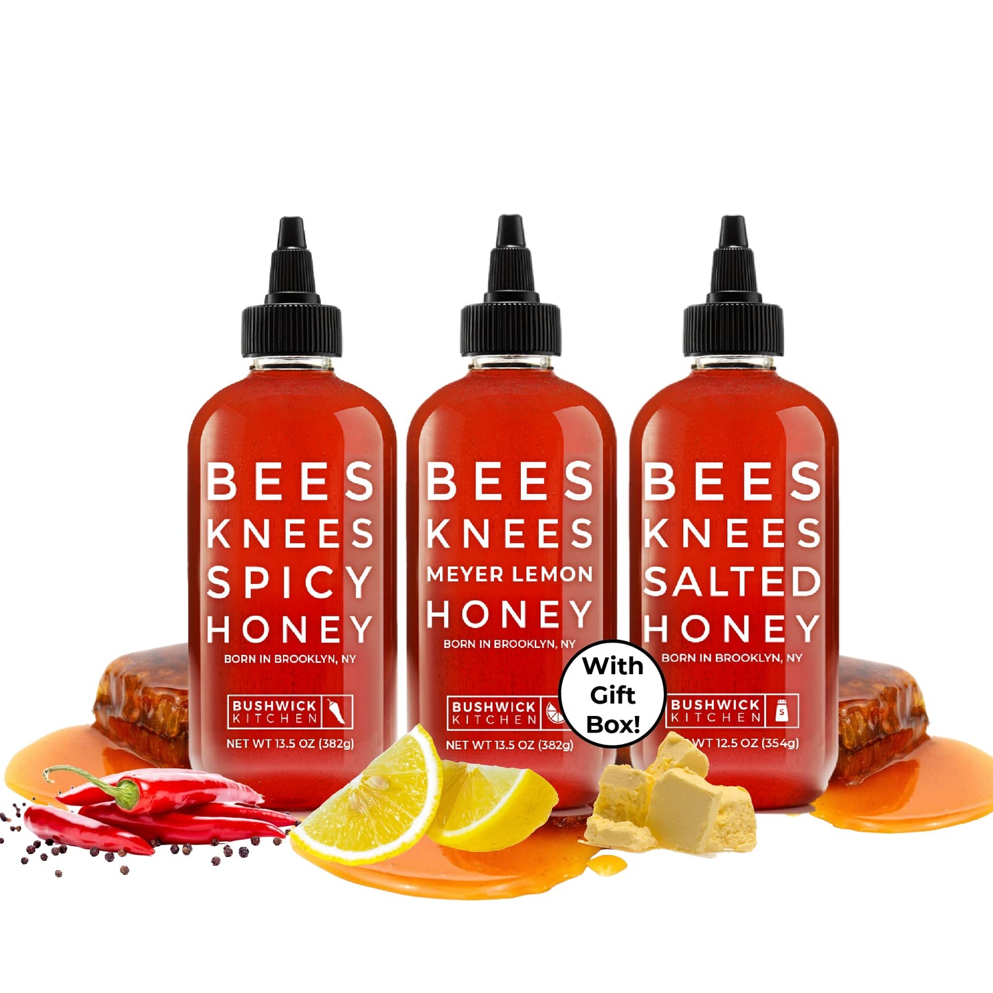 Bushwick Kitchen Bees Knees Honey Sampler Gift Box, Set Includes Spicy Honey, Meyer Lemon Honey, Salted Honey Sauces, Honey Inspired Recipes, Bushwick Kitchen Tea Towel, And Ready-To-Gift Box