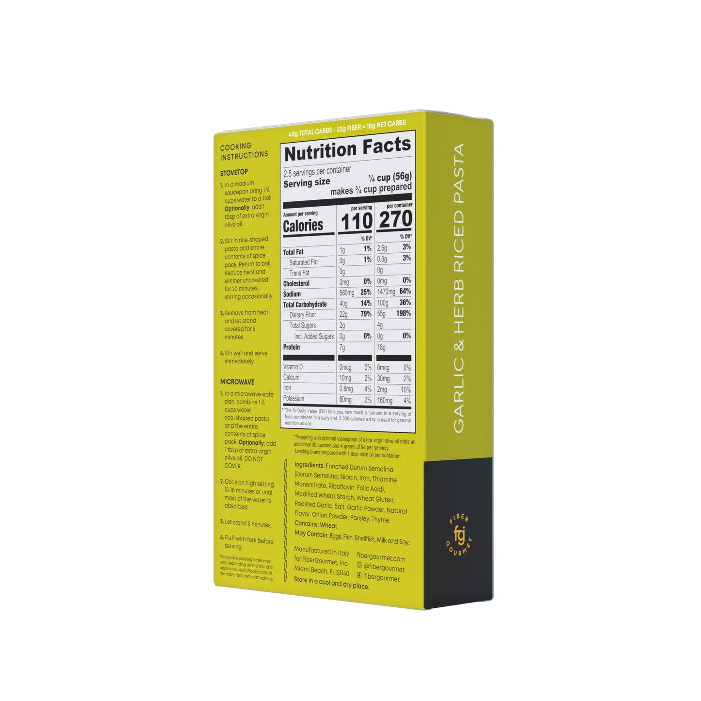 Fiber Gourmet Rice Pilaf Pasta - Low Calorie, High Fiber, Garlic & Herb, 5 Ounce (Pack of 6), Kosher, Vegan, Non-GMO