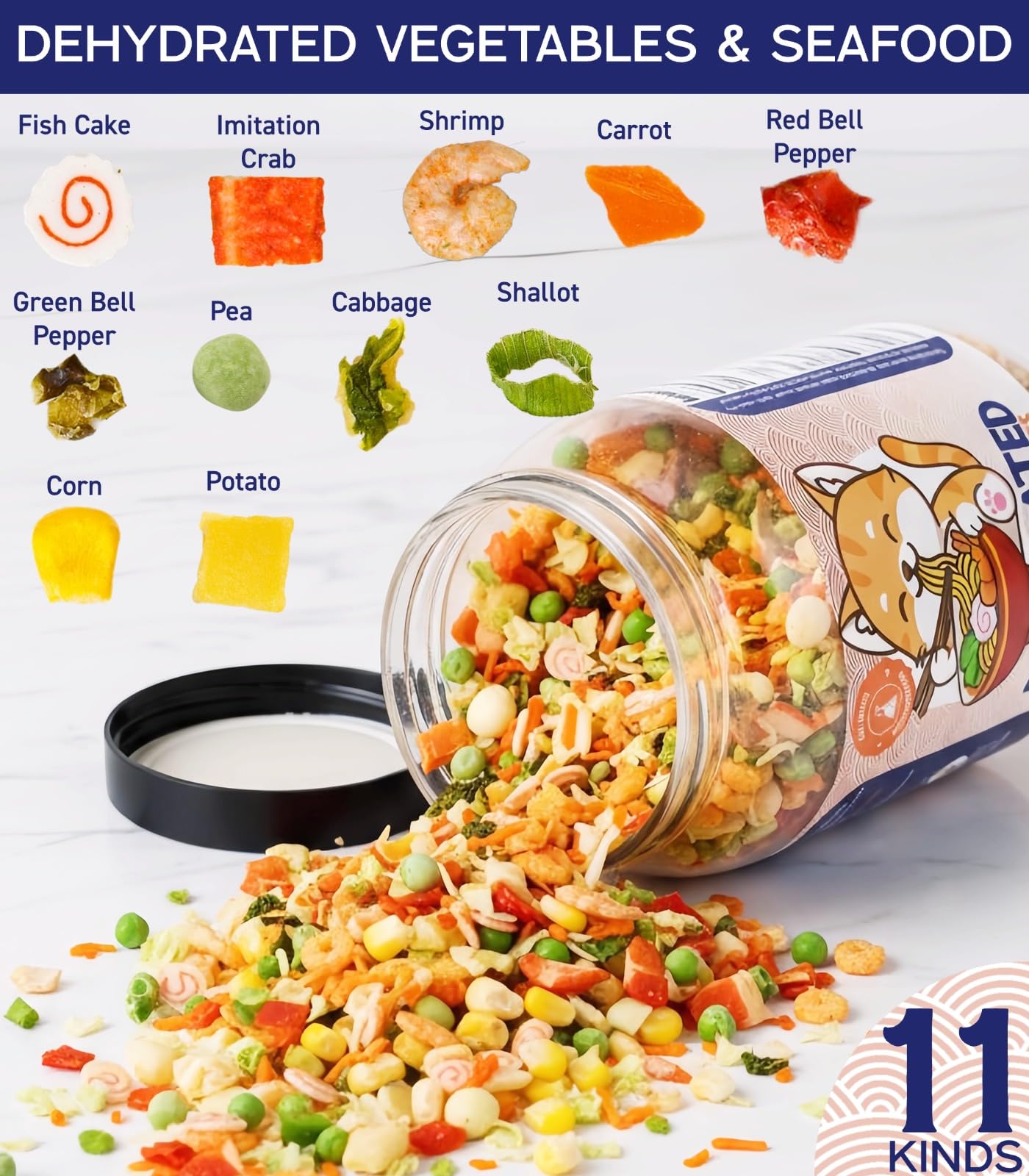 Egcina 16oz Freeze-Dried Seafood & Vegetable Mix - 100% Natural Ramen Toppings, 11 Ingredients, No Additives, Emergency Food Supply