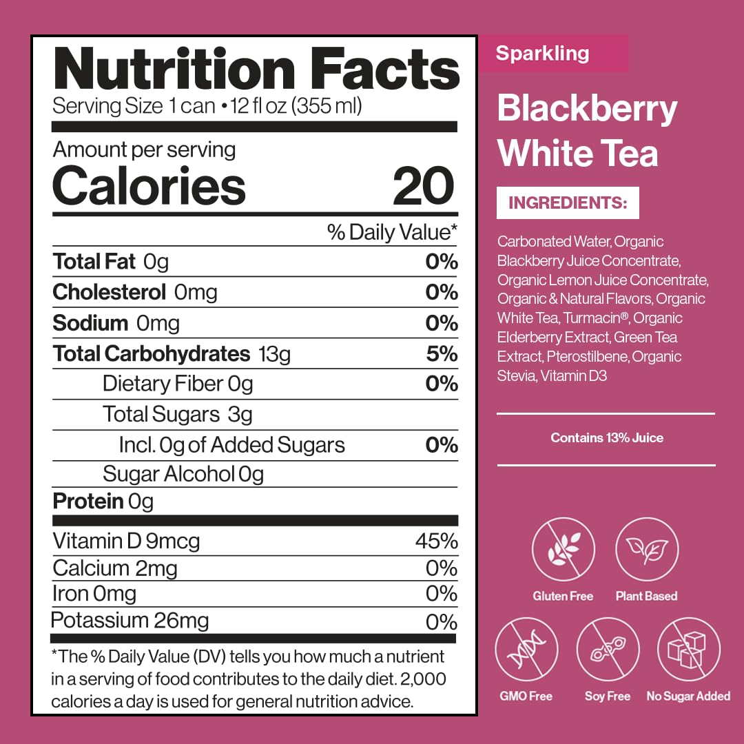 Happy Being Sparkling Blackberry Citrus White Tea, Infused with Turmeric & Elderberry, Caffeine Free, 12oz (4 Pack)