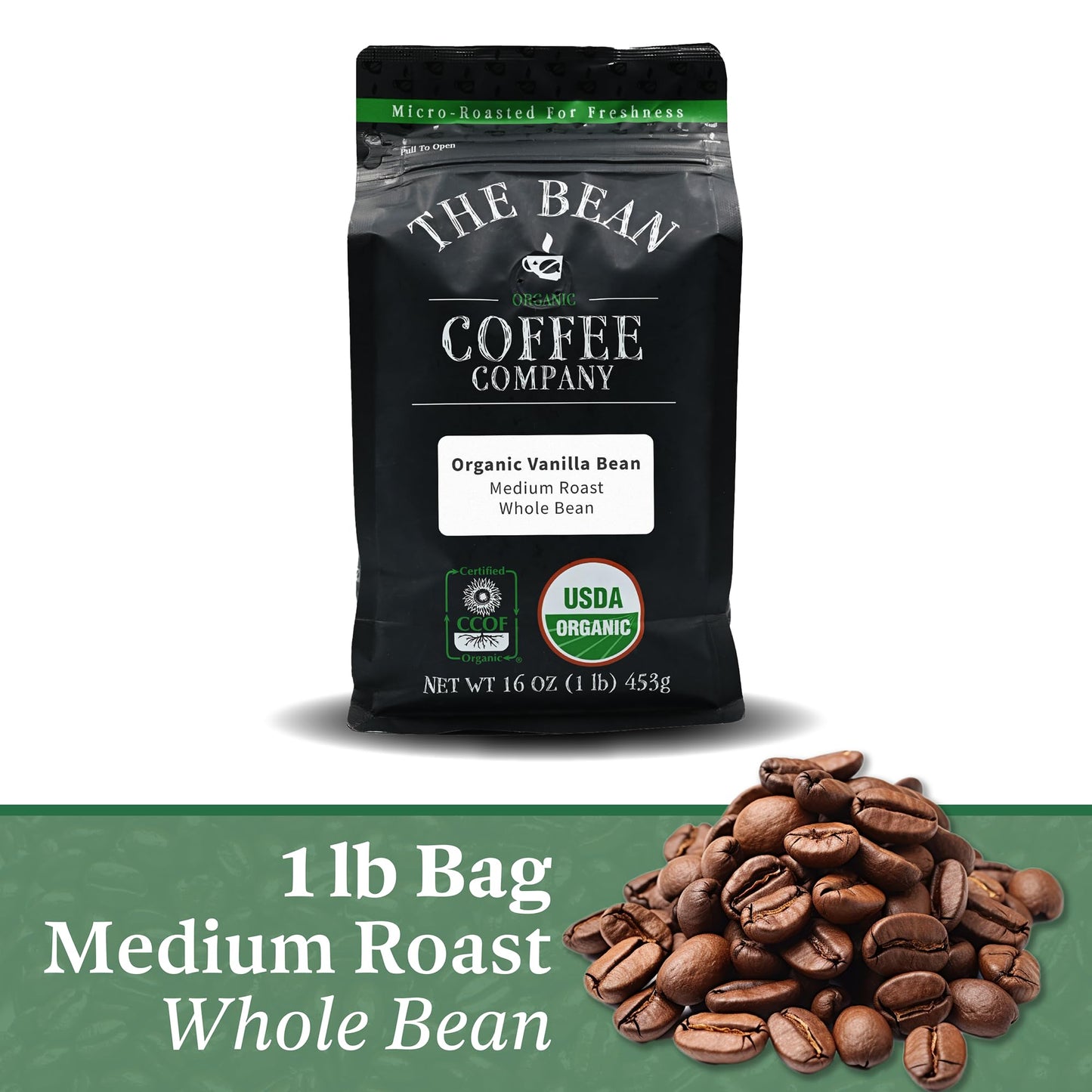 The Bean Organic Coffee Company Vanilla Bean, Medium Roast, Whole Bean Coffee, 16-Ounce Bag