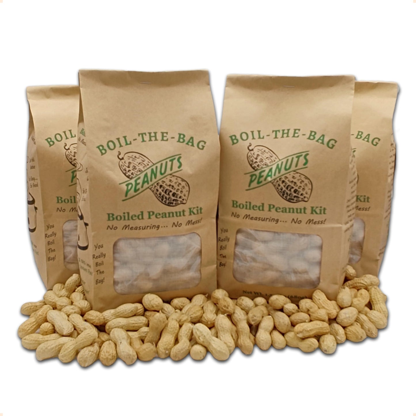BOIL-THE-BAG Boiled Peanuts Kit - Premium In Shell Peanuts, Salt & Seasoning - 4 Bags, 1 of Each Flavor