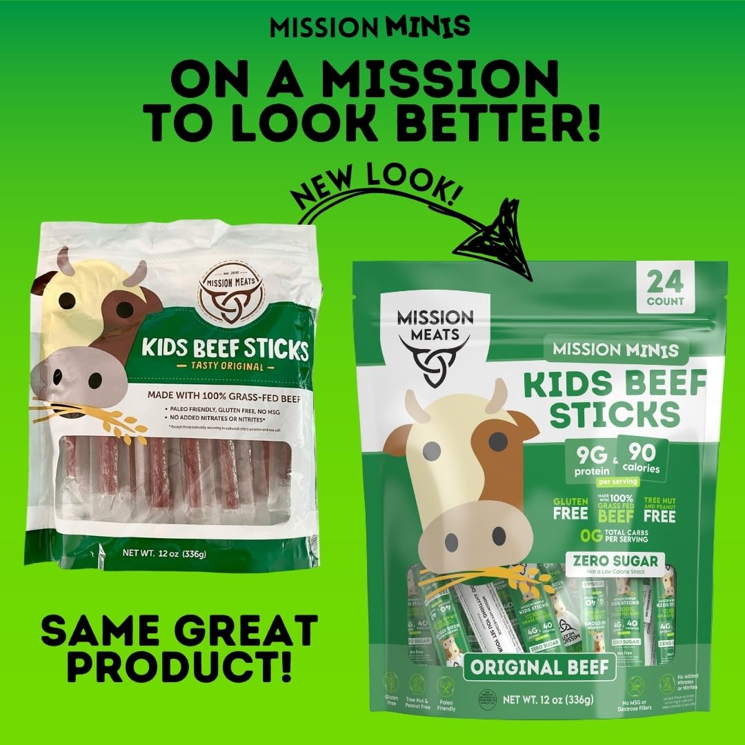 Mission Meats Kids Mini Beef Sticks - 100% Grass Fed Beef Sticks, Toddler Snacks, Healthy Snacks For Kids, Kids Meat Sticks, Pal