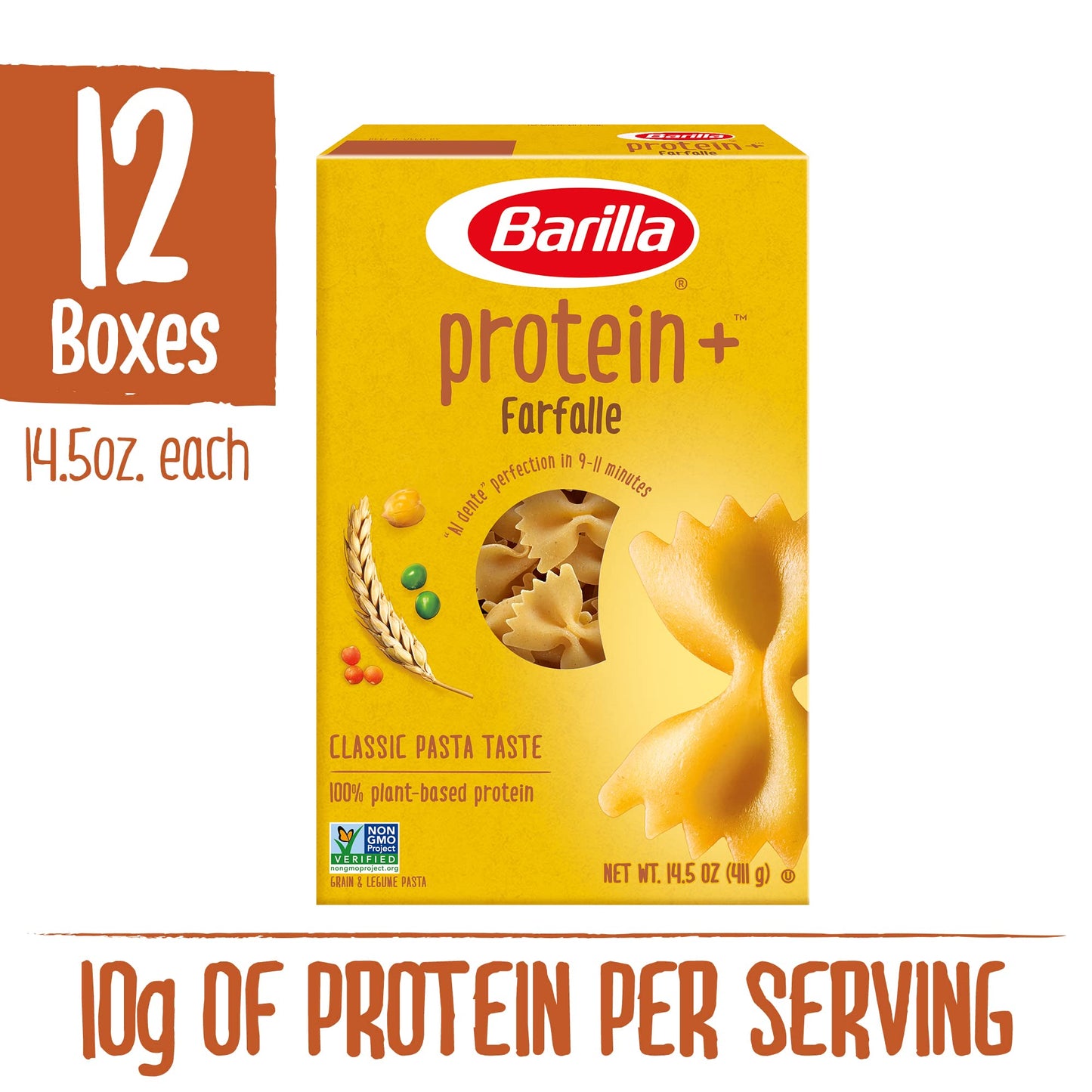 BARILLA Protein+ (Plus) Farfalle Pasta, 14.5 Ounce (Pack of 12) - plant based pasta - Made from Lentils, Chickpeas & Peas - Non-