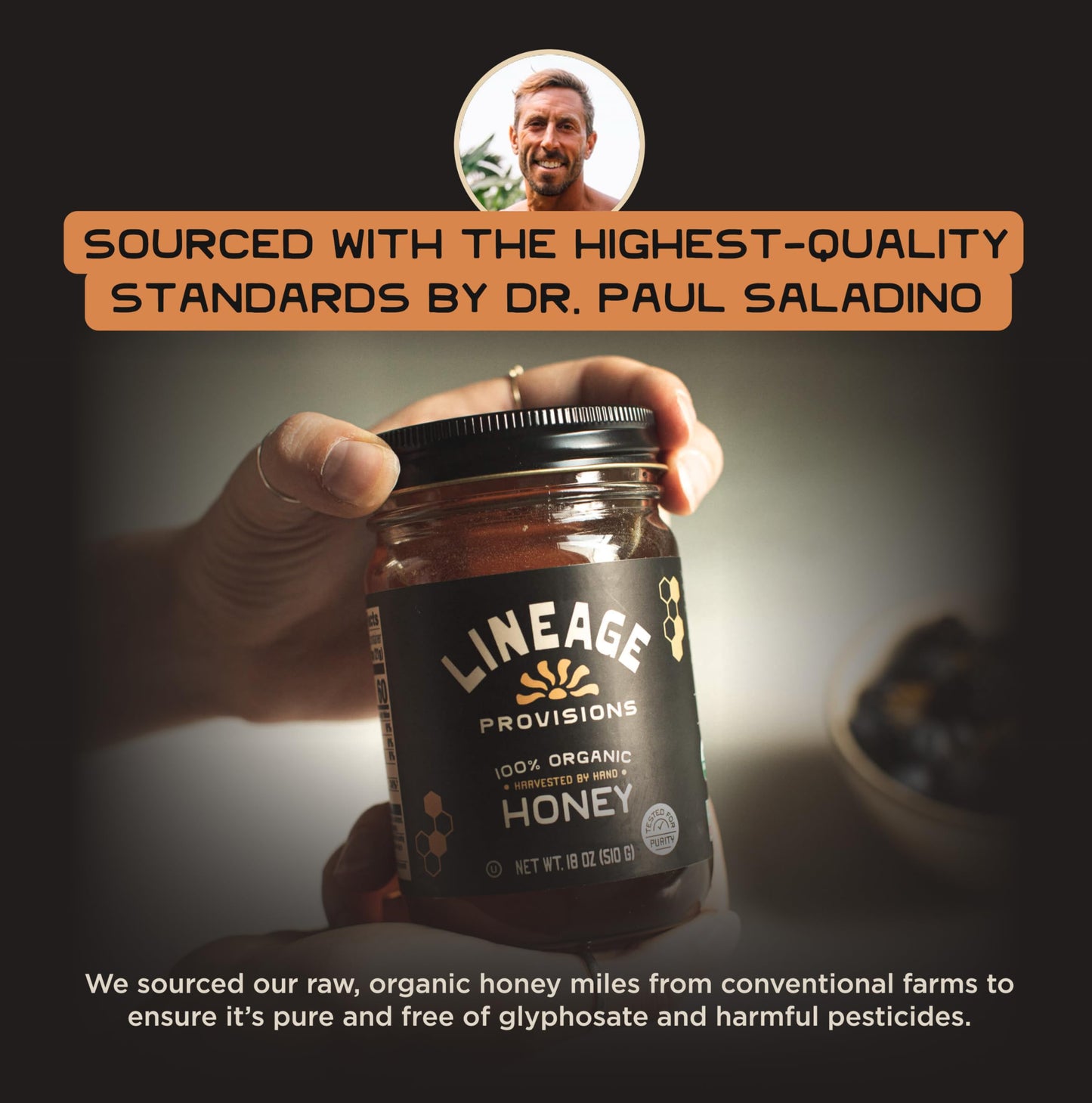 Lineage Provisions 100% Organic Raw Unfiltered Honey - 3-Pack (18 oz Glass Jars) - Undetectable Glyphosate, Chemical-Free, Glute