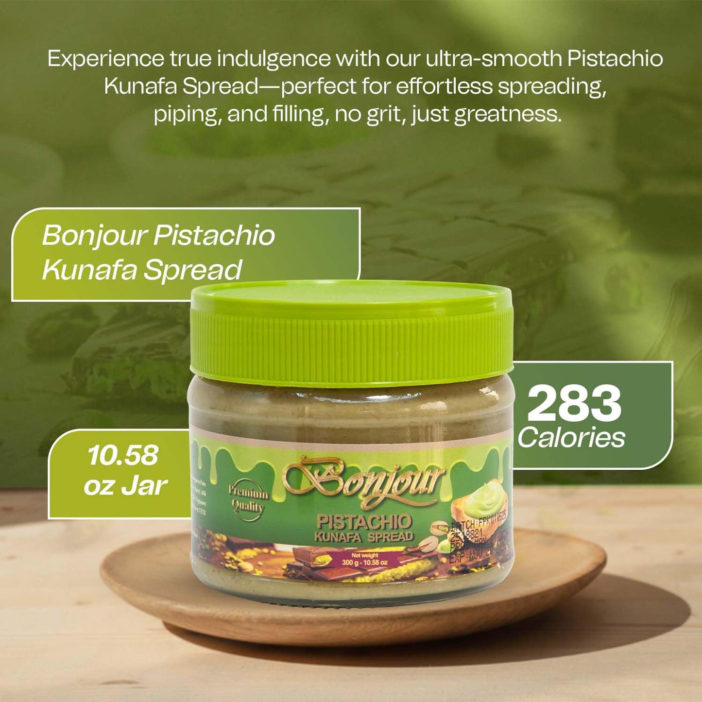 Bonjour Pistachio Kunafa Spread - Authentic Dubai Dessert Cream, 300g Jar