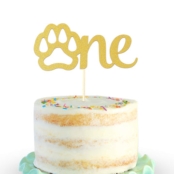 Gold Paw One Cake Topper - Golden Glitter Cardstock 1st Birthday Cake Smash Party Decoration Supplies for Baby, Single Sided Dog