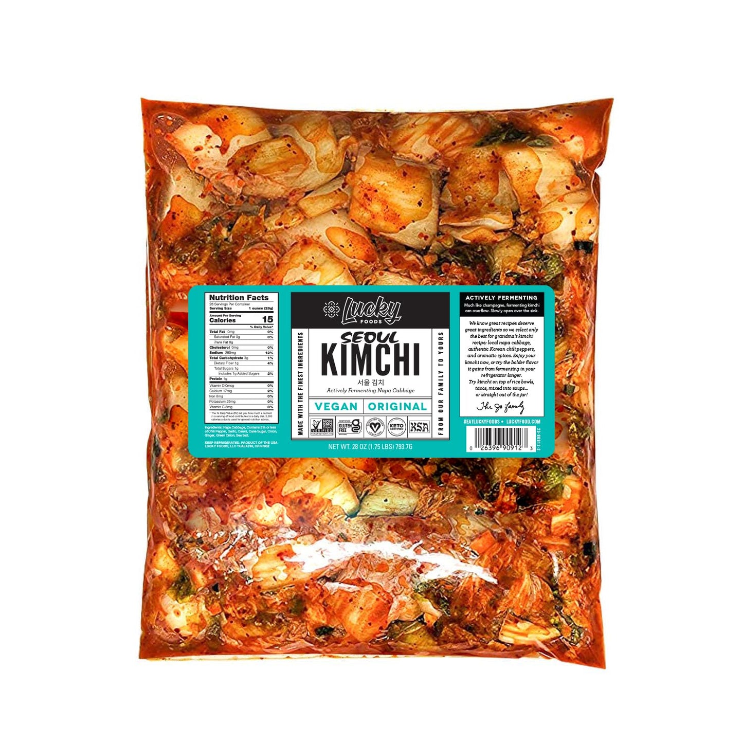 Lucky Foods Seoul Vegan Kimchi, (28oz / 1.75 lbs), Authentic Korean Premium Fermented Napa Cabbage Kimchi, (VEGAN,ORGINAL, Made 