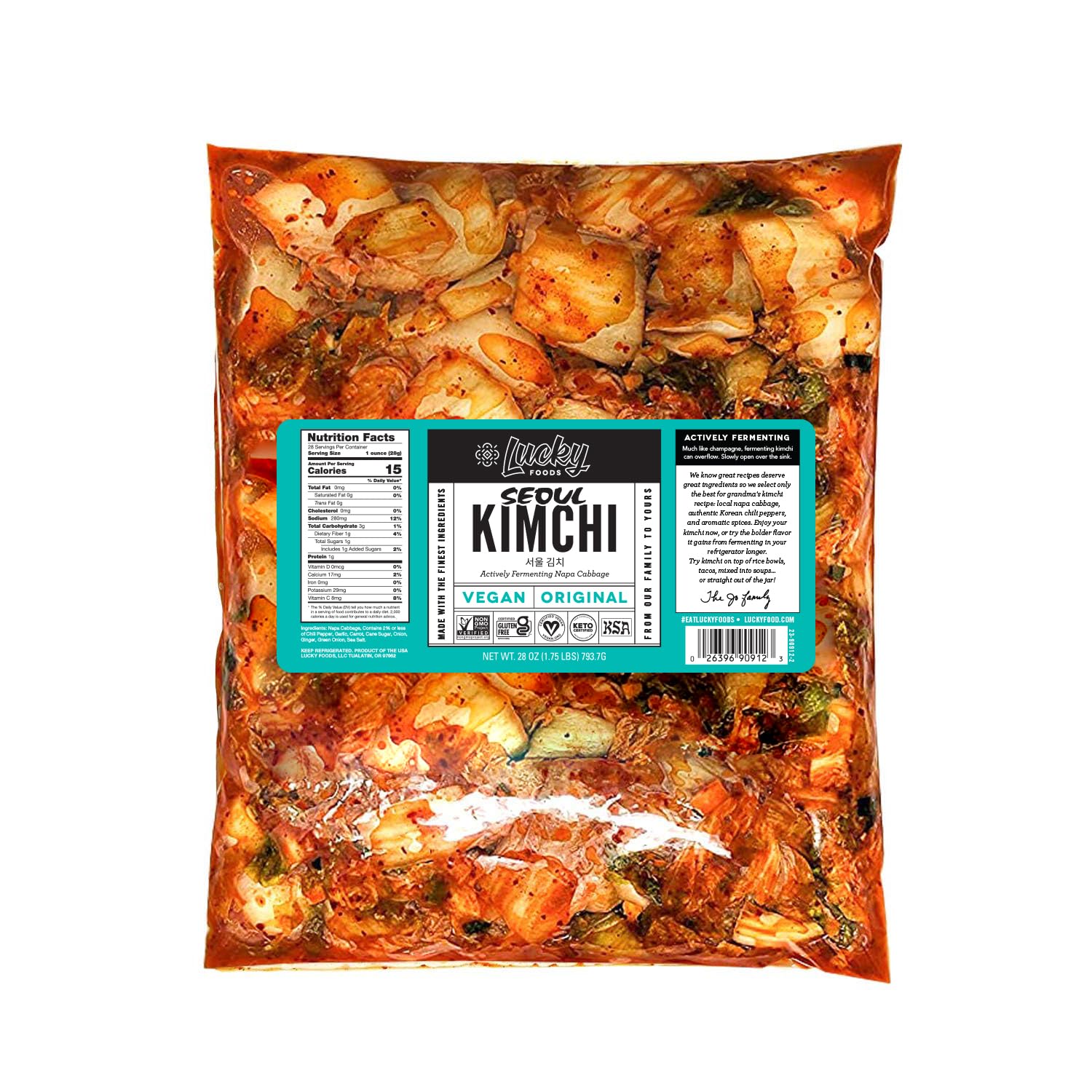 Lucky Foods Seoul Vegan Kimchi, (28oz / 1.75 lbs), Authentic Korean Premium Fermented Napa Cabbage Kimchi, (VEGAN,ORGINAL, Made 