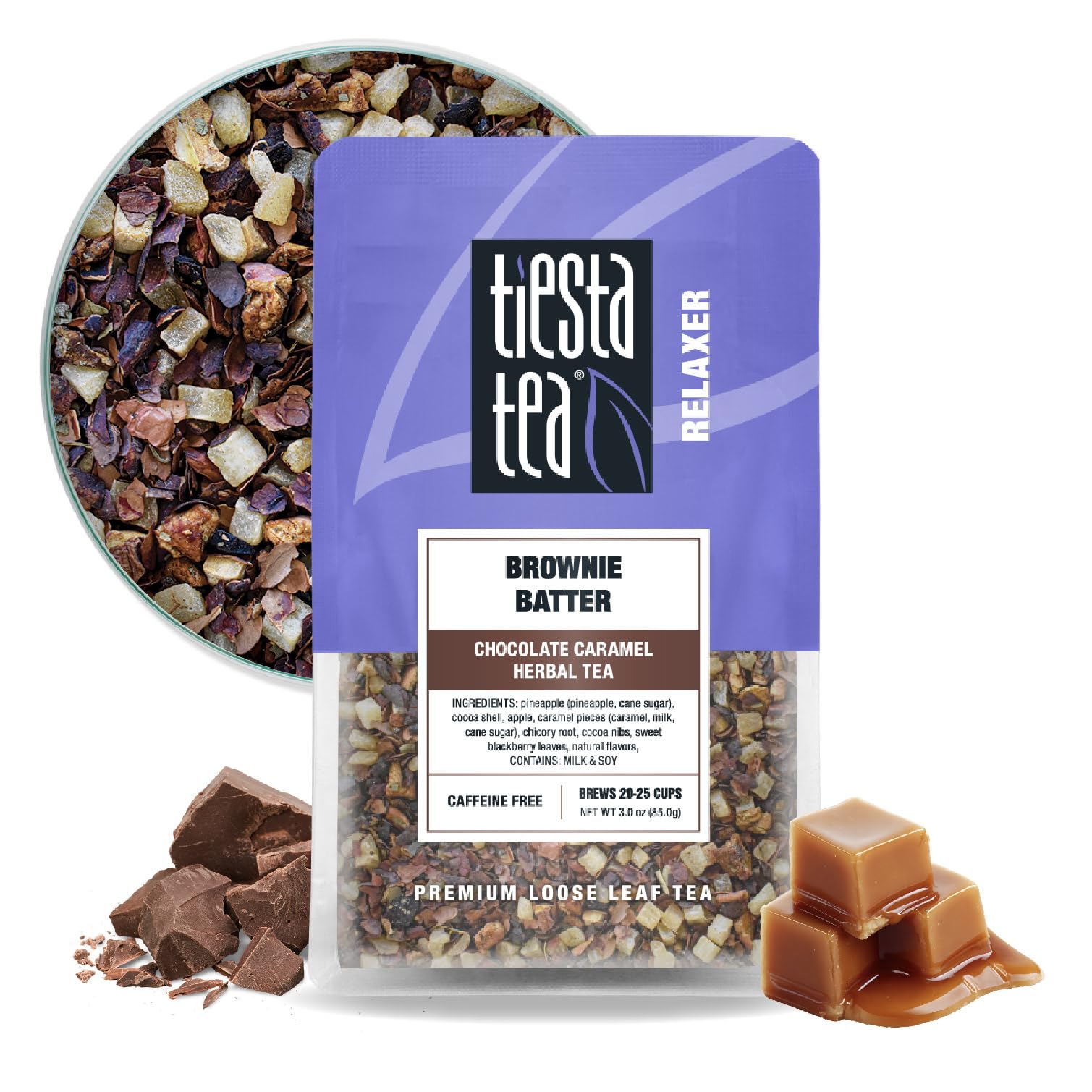 Tiesta Tea Brownie Batter Herbal Tea - Chocolate Caramel Blend, Non-Caffeinated, 3oz Resealable Pouch, Brews Up to 25 Cups