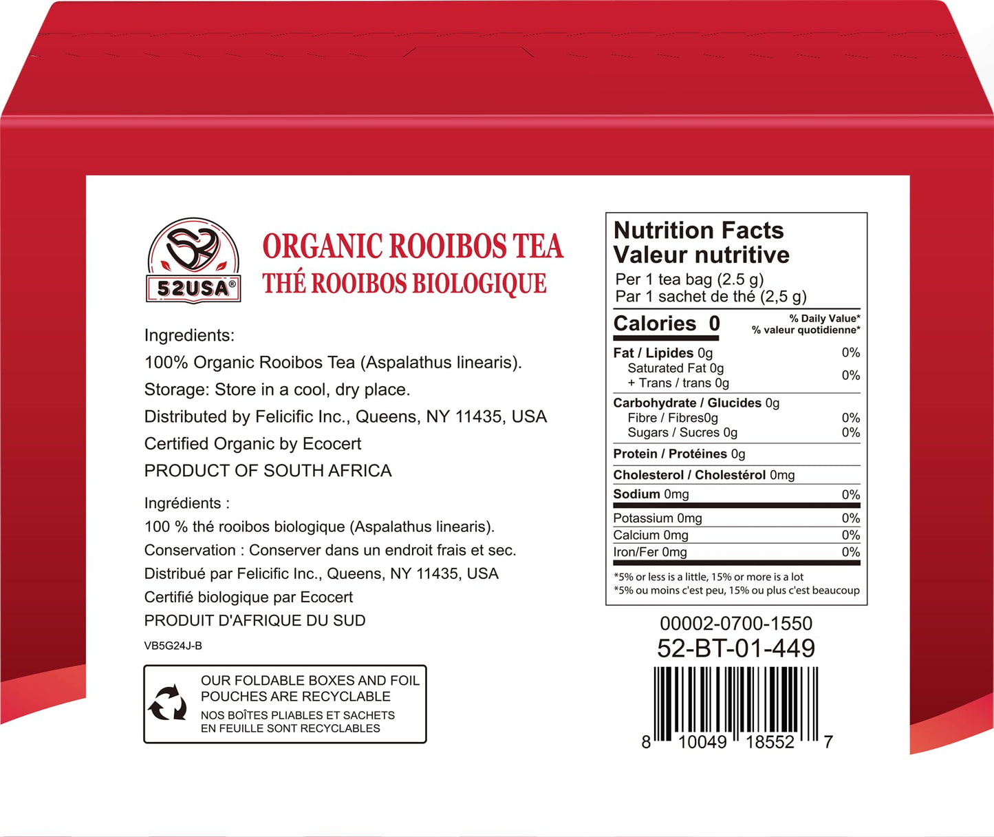 52USA Rooibos Tea Organic, Caffeine Free, 100 Tea Bags, Naturally Sweet, 9oz (250g)