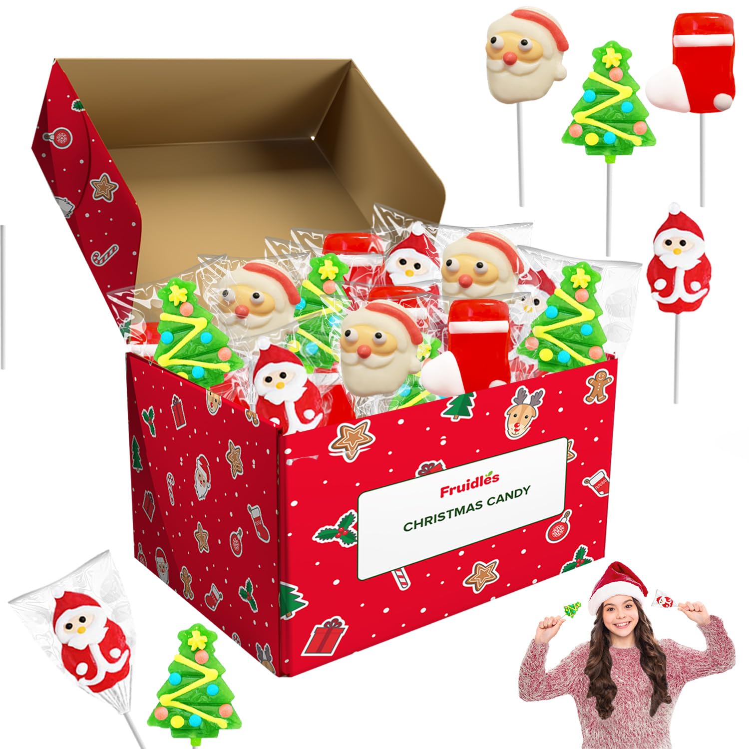 Fruidles Christmas Lollipop 24-Pack, Santa Claus, Christmas Tree, Candy Canes, Individually Wrapped, Multi-Color