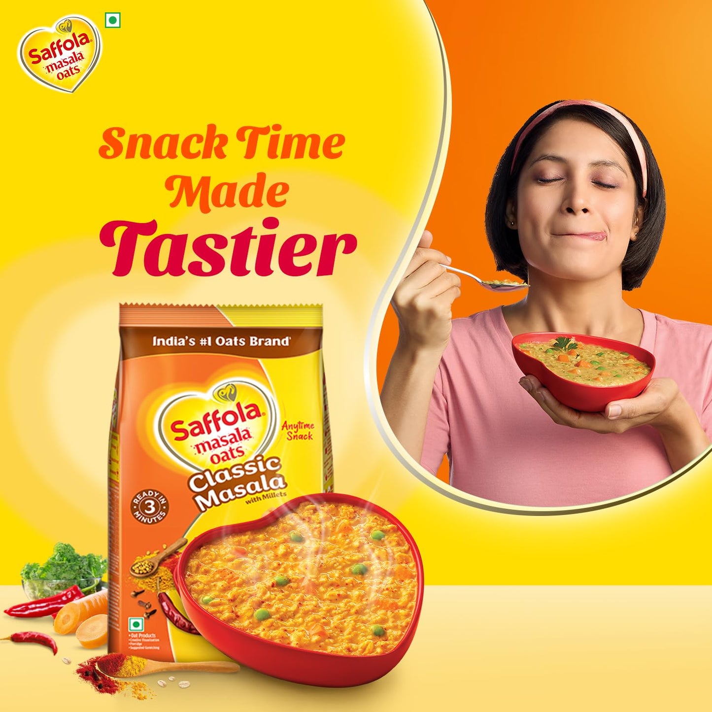 Saffola Masala Oats Classic Masala, 500 Grams (17.63 Oz) - Vegetarian