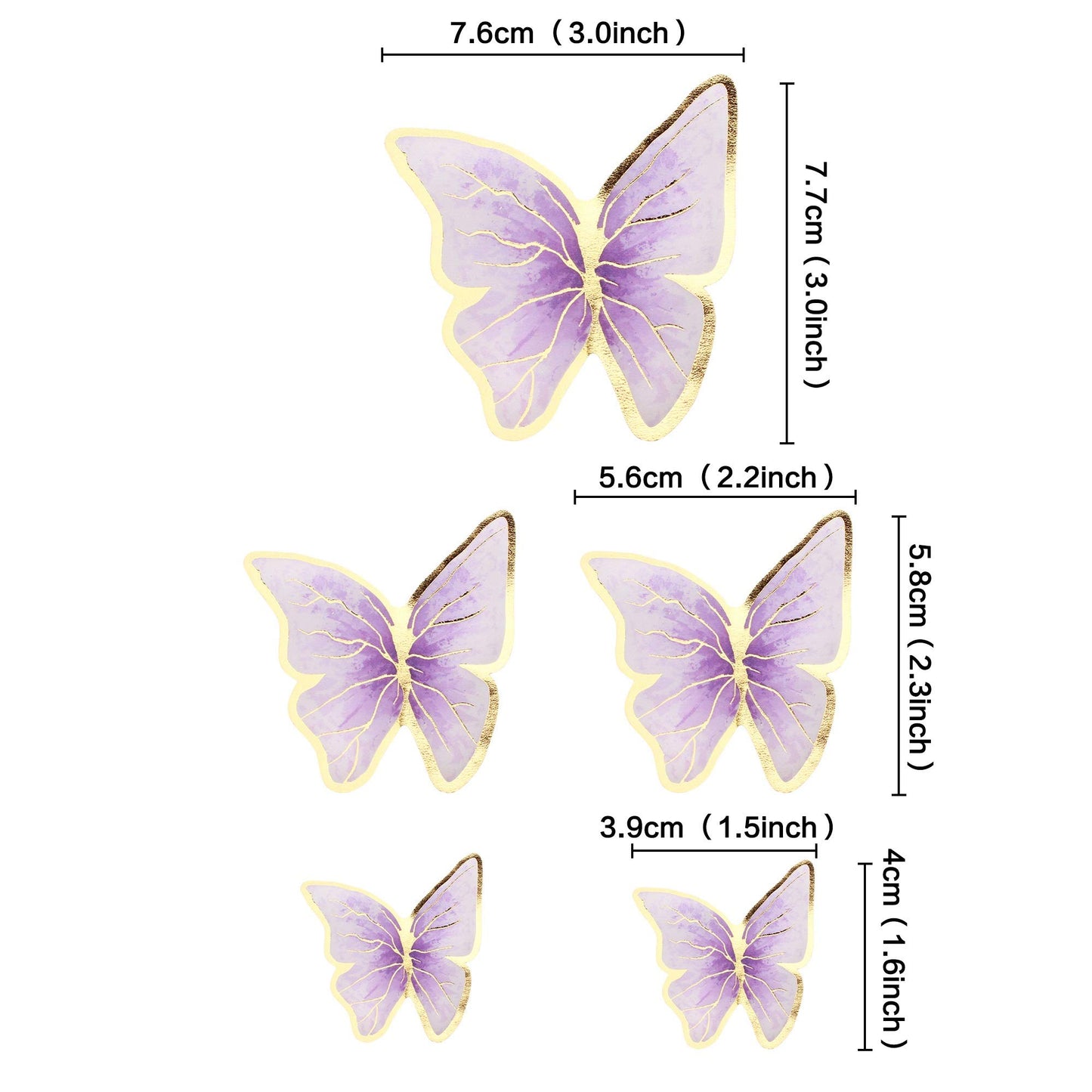 Cyodoos 30Pcs Purple Gold Edge Mixed Size Lively 3D Waterproof Butterfly Cupcake Topper For Girls Women'S Happy Birthday Wedding
