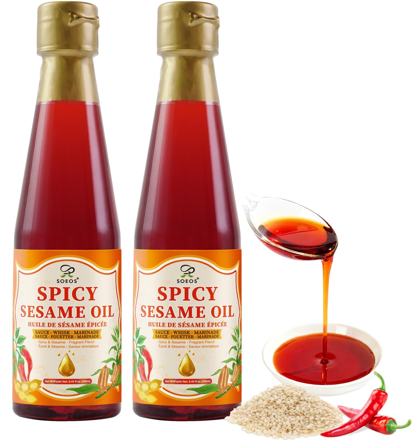 Soeos Spicy Sesame Oil  8.45 Fl Oz (250Ml)  Pack Of 2  Total 500Ml  Aromatic Chili-Infused Flavor  Bold Heat & Nutty Taste  Toasted Sesame Chili Oil  Ideal For Stir-Fry  Marinade  Dressings  And Dipping Sauces