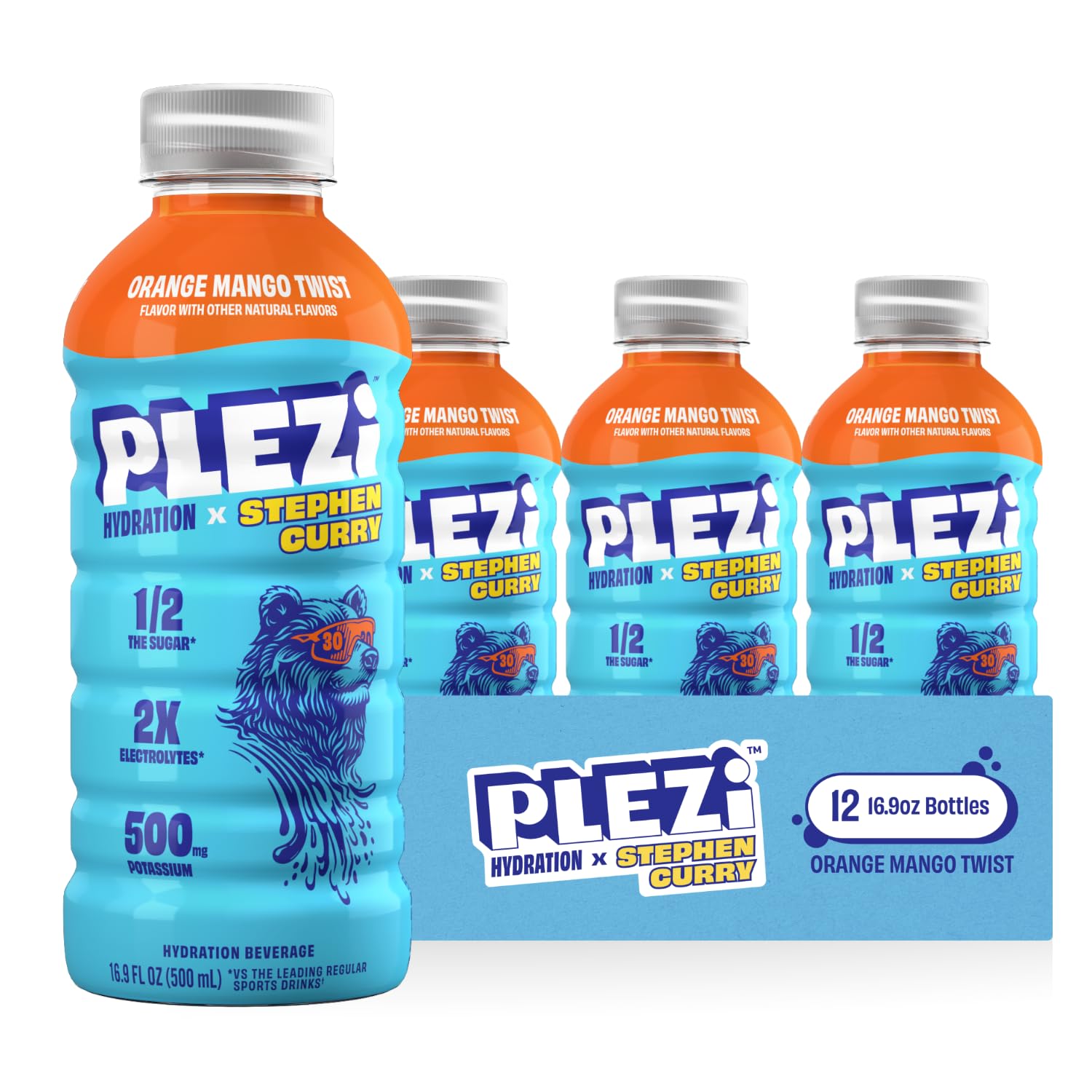 PLEZi Orange Mango Twist Hydration Drink x Stephen Curry - Sports Drinks with 2X the Electrolytes - 500mg Potassium, Low Sugar, 