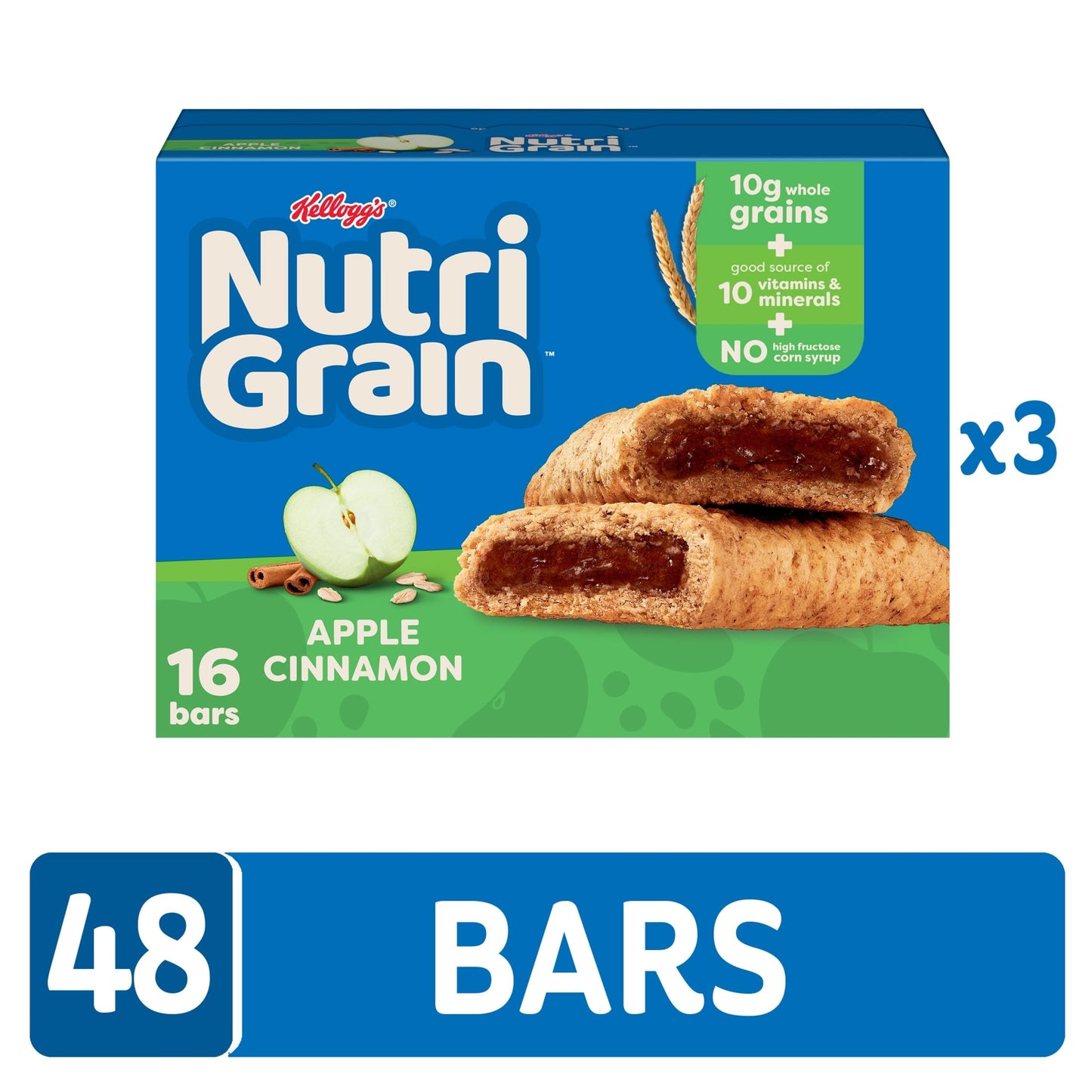 Nutri-Grain Breakfast Bars, Made with 10g Whole Grains, Snack Bars, Apple Cinnamon (3 Boxes, 48 Count)