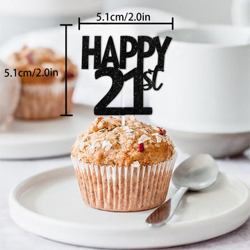 18Pcs Black Glitter Happy 21St Dessert Cupcake Topper Pick For Funny Legend Since 2004 Theme Decor Supplies Men Women Happy 21 B