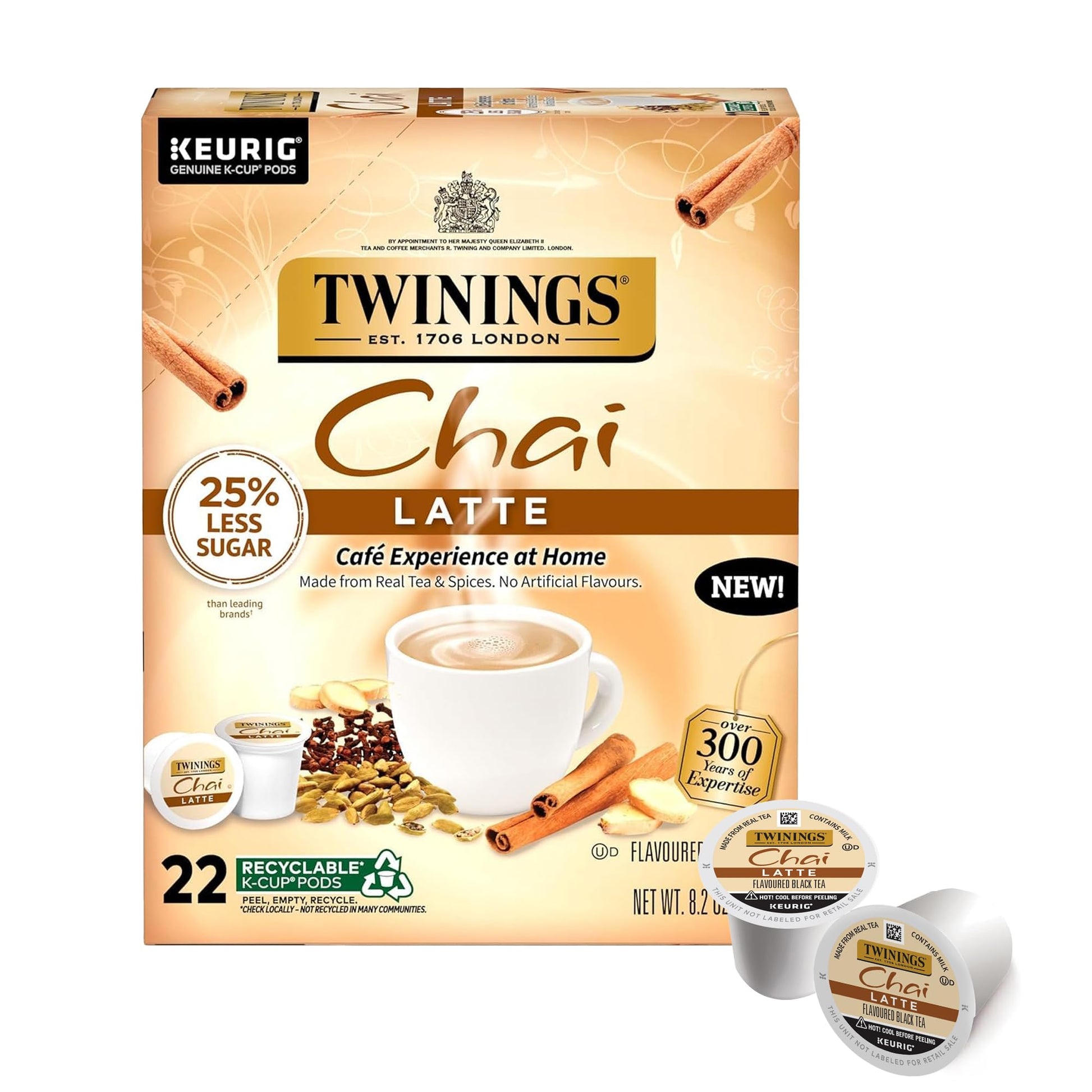 Twinings Chai Latte Black Tea K-Cup Pods For Keurig, 22 Count (Pack Of 1), Creamy, Slightly Sweet, Less Sugar, Caffeinated, Enjo