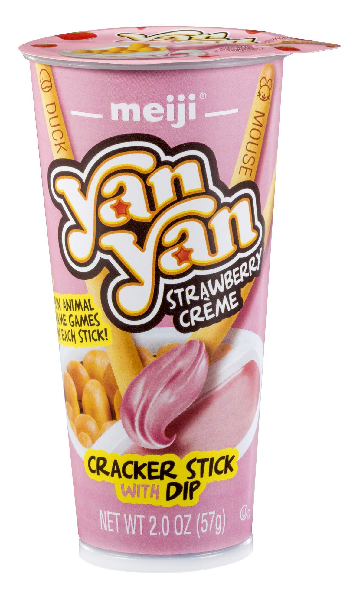 Meiji Yan Yan Dipping Sticks, Strawberry Crme - 2 Oz, Pack Of 10 - Cracker Sticks With Fun Animals Phrases