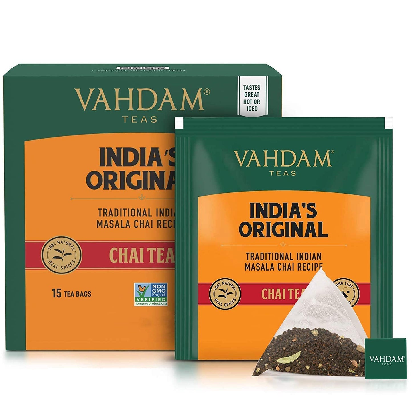 Vahdam, Indias Original Masala Chai Tea Bags (15 Count) Non Gmo, Gluten Free, No Added Flavoring | Blended W/Savory Exotic Spices | Individually Wrapped Pyramid Tea Bags | Direct From Source