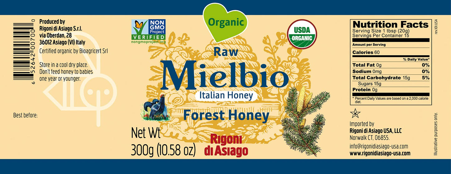 Rigoni di Asiago Organic Italian Raw Mielbio Forest Honey, 10.58 Oz, Pack of 6