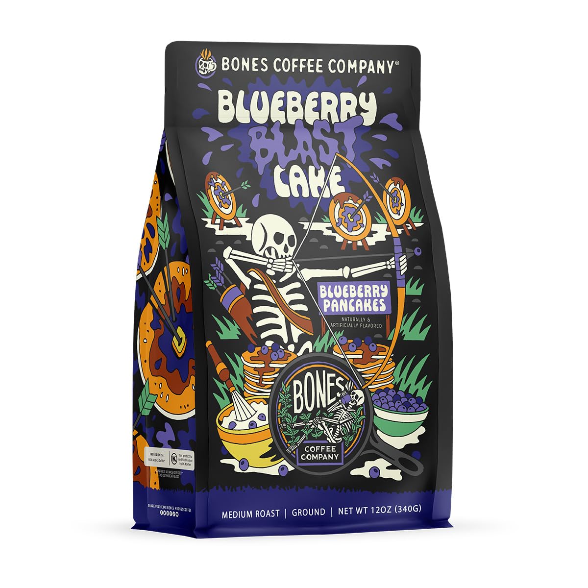 Bones Coffee Company Blueberry Blast Cake Whole Coffee Beans Blueberry Pancakes Flavor | 12 oz Flavored Coffee Gifts Low Acid Me