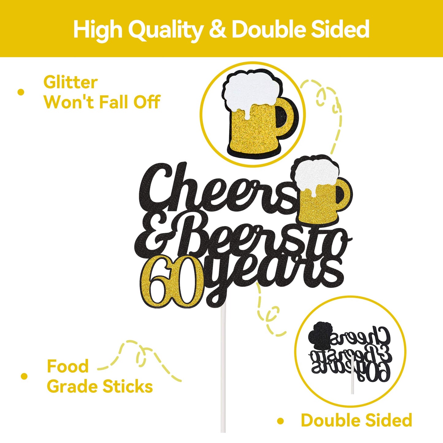 Cheers To 60 Years Cake Topper, Happy 60Th Birthday Cake Topper, 60Th Anniversary Birthday Party Supplies Black And Gold Glitter