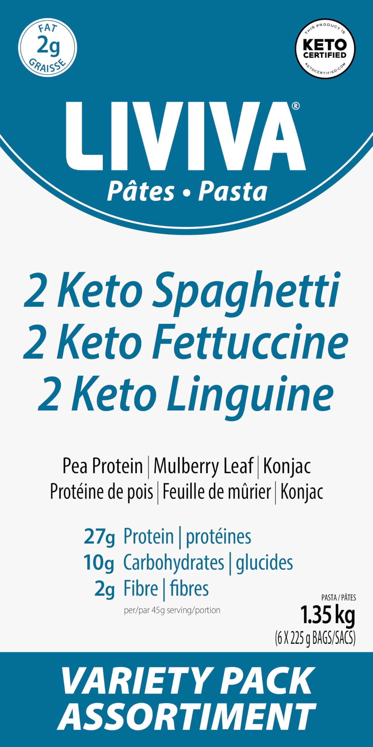 LIVIVA Low Carb High Protein KETO Pasta Variety Pack - 6 Pk (Linguine, Spaghetti, Fettuccine) - 135g Protein, 8g Net Car