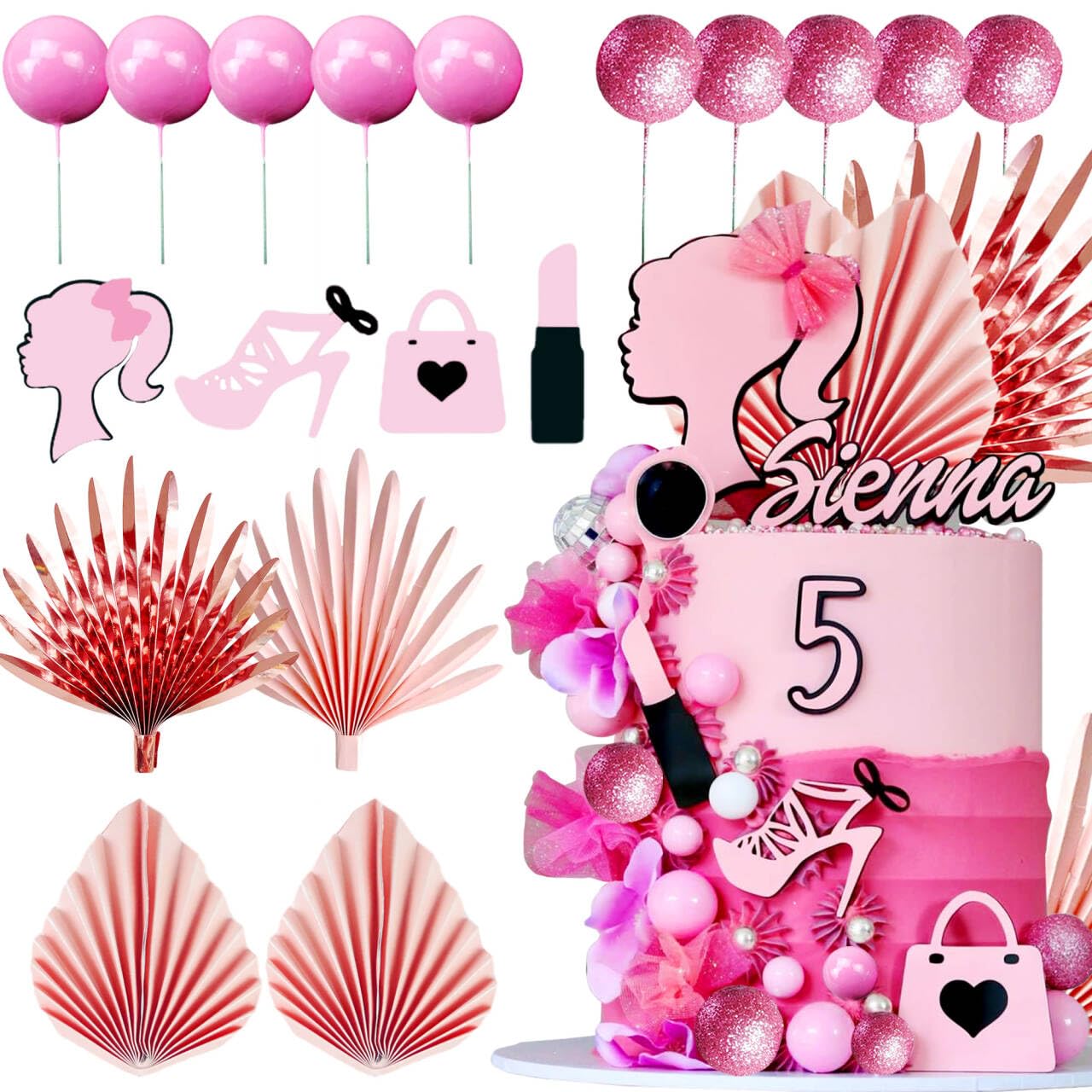 Jevenis Luxury Hot Pink Girl Cake Decoration Pink Girls Birthday Decoration Pink Balls Palm Leaves Heels Lipstick Bags Cake Topp