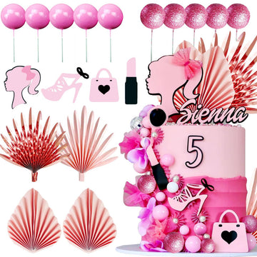 Jevenis Luxury Hot Pink Girl Cake Decoration Pink Girls Birthday Decoration Pink Balls Palm Leaves Heels Lipstick Bags Cake Topp