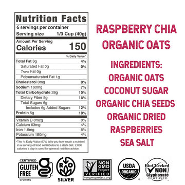 Wildway Organic Rolled Oats, Gluten-Free Overnight Oats, Raspberry Chia, 9 Oz, Non-GMO, Plant-Based Protein