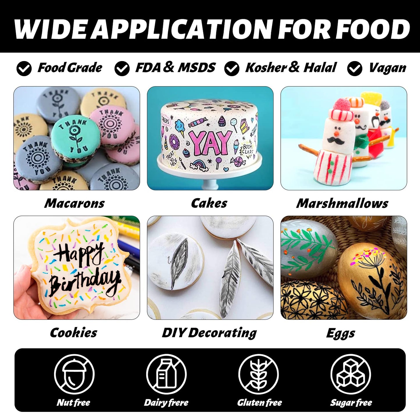 Edible Markers For Cookie Decorating, 2Pcs Black Double Sided Extra Fine Tip Edible Pens, Food Grade Food Coloring Marker Pens F