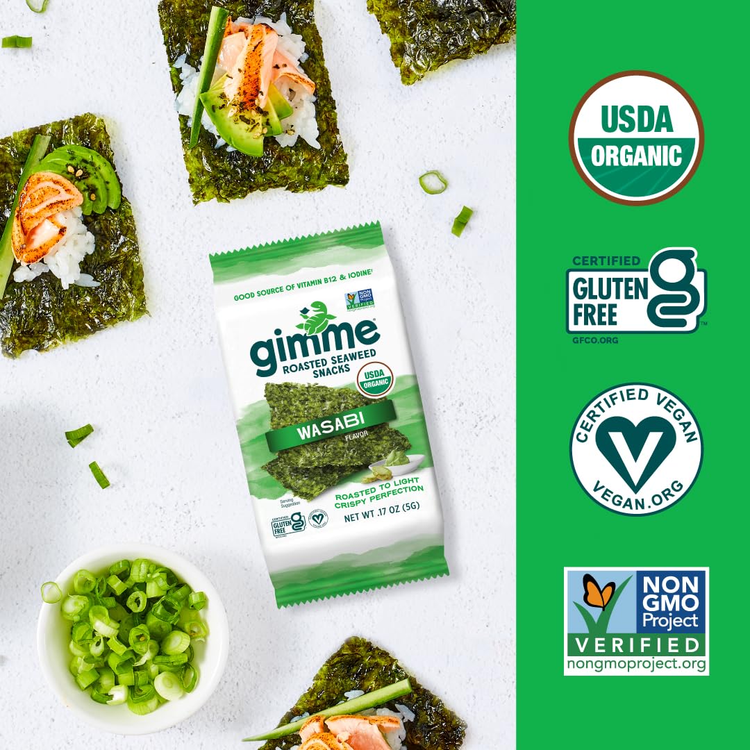 Gimme Seaweed - Wasabi - 20 Count - Organic Roasted Seaweed Sheets - Keto, Vegan, Gluten Free - Great Source Of Iodine & Omega 3