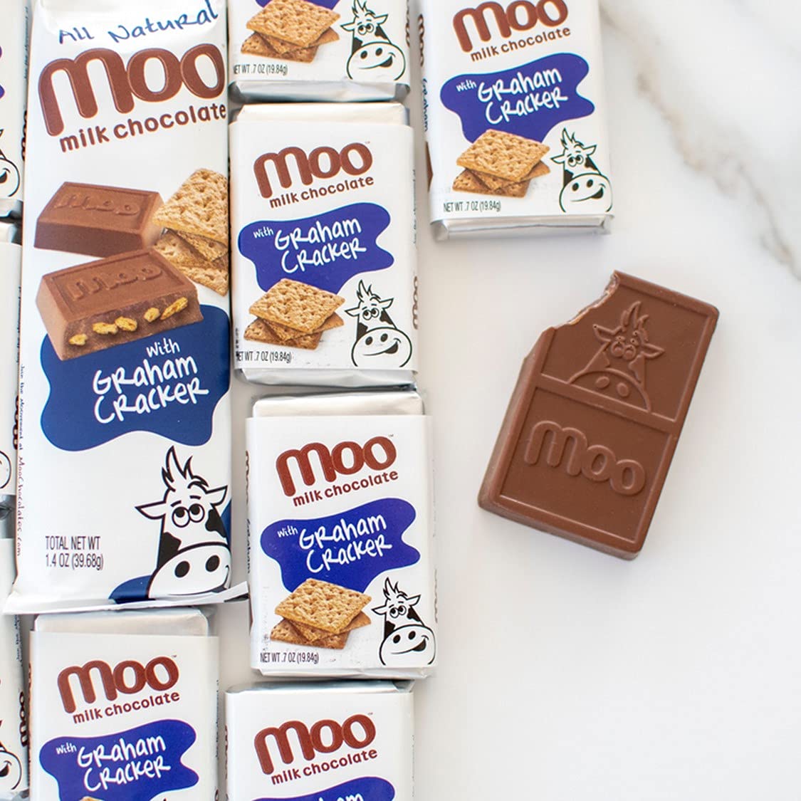 Moo Chocolates All Natural Milk Chocolate Mini Bars With Graham Cracker 0.7 Oz, 14 Ct (Pack Of 1) | 100 Calorie Snacks For On-Th
